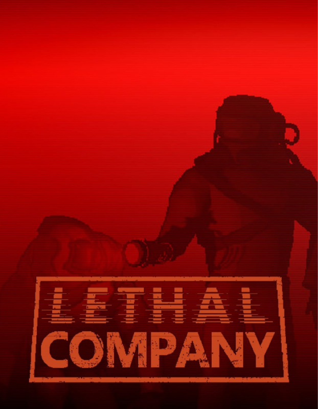Red-tinted poster with two hazmat-suited figures and a bordered sign reading 'LETHAL COMPANY'.