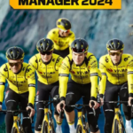 Group of professional cyclists in matching yellow team kits riding racing bikes in formation, with a yellow banner reading 'PRO CYCLING MANAGER 2024' above them; promotional image for a cycling game.