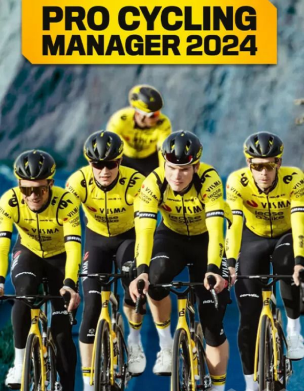 Group of professional cyclists in matching yellow team kits riding racing bikes in formation, with a yellow banner reading 'PRO CYCLING MANAGER 2024' above them; promotional image for a cycling game.