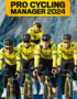 Group of professional cyclists in matching yellow team kits riding racing bikes in formation, with a yellow banner reading 'PRO CYCLING MANAGER 2024' above them; promotional image for a cycling game.