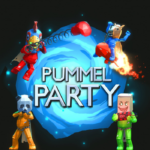Promo poster for Pummel Party with four colorful voxel characters around a glowing blue portal and the bold title 'Pummel Party'.