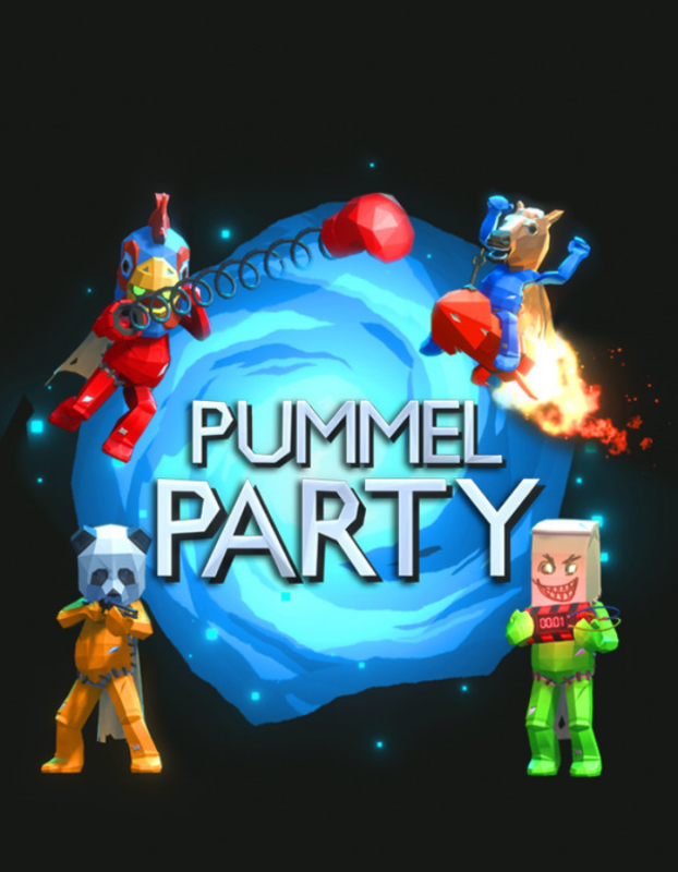 Promo poster for Pummel Party with four colorful voxel characters around a glowing blue portal and the bold title 'Pummel Party'.