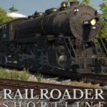 Black steam locomotive on a track with smoke, front view, overlaid with 'RAILROADER SHORTLINE OPERATIONS' text.