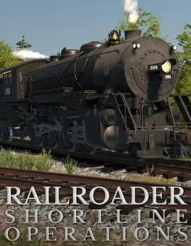 Black steam locomotive on a track with smoke, front view, overlaid with 'RAILROADER SHORTLINE OPERATIONS' text.