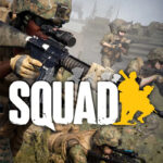 Video game cover for Squad: a squad of soldiers in camouflage gear aiming rifles in a battlefield, with the title 'SQUAD' in white text and a yellow silhouette.