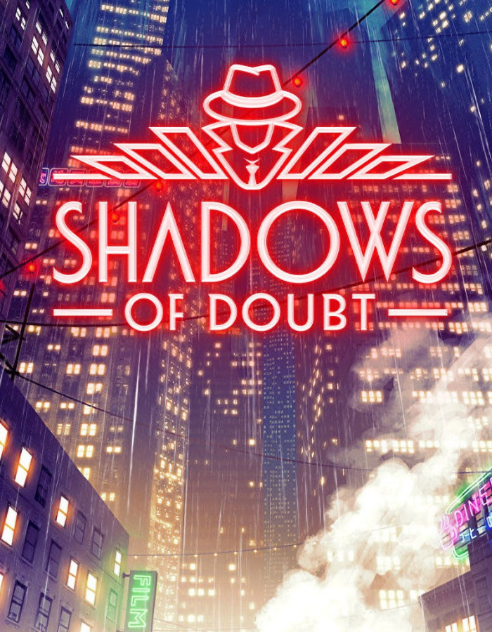 Shadows-Of-Doubt-GG-Keyspng - Cheap Keys Neon sign reading 'Shadows of Doubt' with a fedora-wearing silhouette, glowing red in a rainy city street scene.