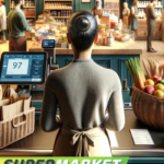 Back view of a shopper at a supermarket checkout in a store simulator, with a scale showing 97 and baskets of groceries nearby.