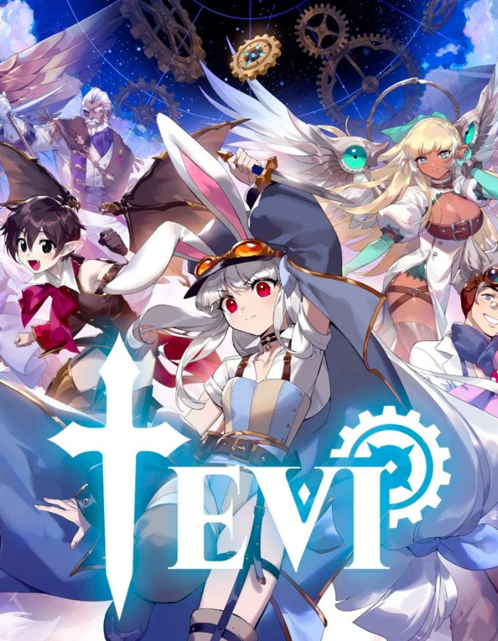 TEVI-GGKeyspng - Cheap Keys Group of colorful anime-style characters in dynamic poses with gears in a starry sky, front and center is a winged heroine; large 'EVENT' text dominates the bottom.