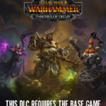Duked armored warriors stand in battle on a fantasy DLC cover for Total War: Warhammer III – Thrones of Decay, with the bottom text warning about the DLC requirement.