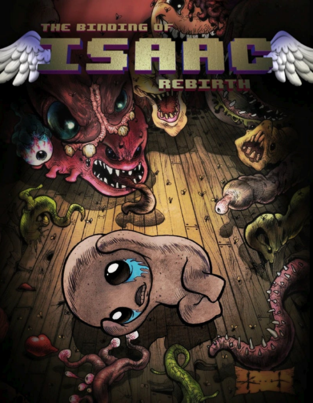 The Binding of Isaac: Rebirth cover art showing a wide-eyed baby on a wooden floor surrounded by grotesque monsters.