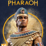 Cover art for Total War: Pharaoh showing a stern Pharaoh in gold armor and blue headdress with a circular gold frame behind him.