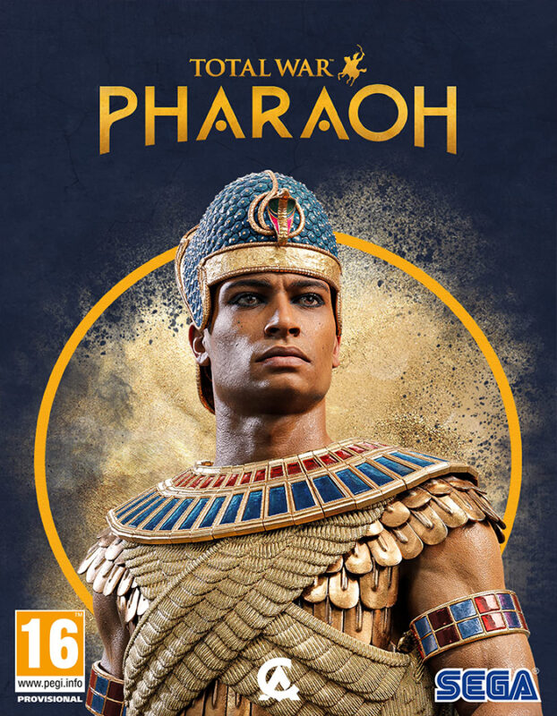 Cover art for Total War: Pharaoh showing a stern Pharaoh in gold armor and blue headdress with a circular gold frame behind him.
