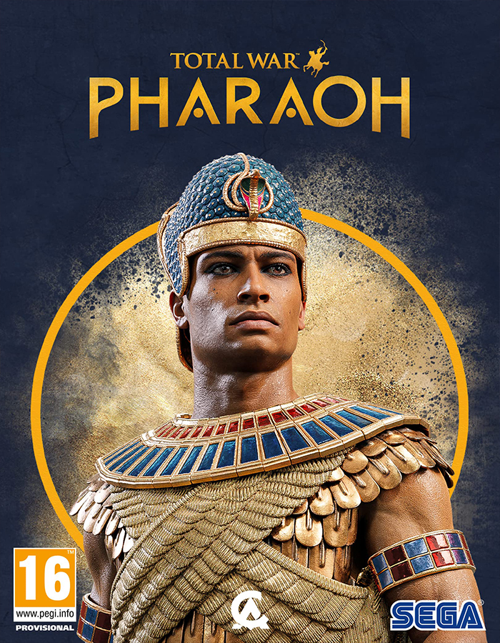 Total-War-PHARAOH-GGKEYSCOM_jpeg - Cheap Keys Cover art for Total War: Pharaoh showing a stern Pharaoh in gold armor and blue headdress with a circular gold frame behind him.