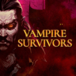 Poster for Vampire Survivors featuring a menacing vampire head on the left with a glowing orange eye and a red/purple backdrop.