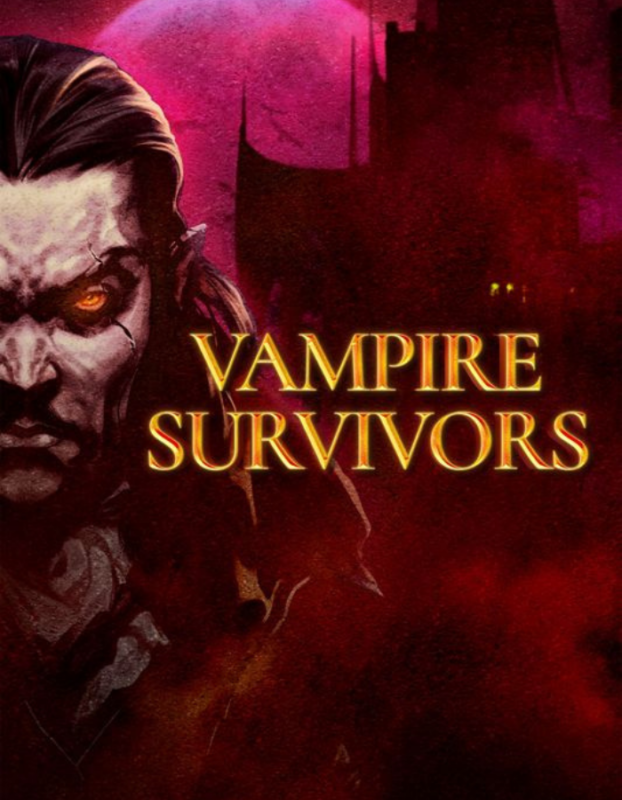 Poster for Vampire Survivors featuring a menacing vampire head on the left with a glowing orange eye and a red/purple backdrop.