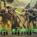 Warhammer 40,000: Gladius – Relics of War game cover showing humans, Necron warrior, and Space Marine in a smoky battle scene with a glowing green blade nearby.