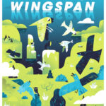 Colorful Wingspan poster featuring stylized birds in flight over a bright green landscape and blue sky.