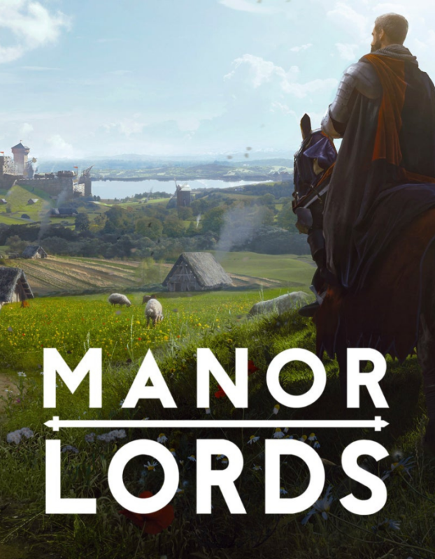Knight on horseback overlooking a medieval countryside with fields, village cottages, and distant castle ruins; 'MANOR LORDS' logo across the bottom.